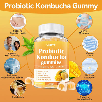 Crasye Probiotische Kombucha Gummies Zuckerfrei Präbiotisch Postbiotisch Probiotika Gummies mit Ulmenrinde für Frauen und Männer Blähungen Darmgesundheit Immun- und Verdauungsunterstützung - 60 Gummis - 30 Portionen
