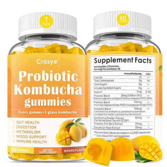 Crasye Probiotische Kombucha Gummies Zuckerfrei Präbiotisch Postbiotisch Probiotika Gummies mit Ulmenrinde für Frauen und Männer Blähungen Darmgesundheit Immun- und Verdauungsunterstützung - 60 Gummis - 30 Portionen