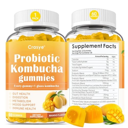 Crasye Probiotische Kombucha Gummies Zuckerfrei Präbiotisch Postbiotisch Probiotika Gummies mit Ulmenrinde für Frauen und Männer Blähungen Darmgesundheit Immun- und Verdauungsunterstützung - 60 Gummis - 30 Portionen