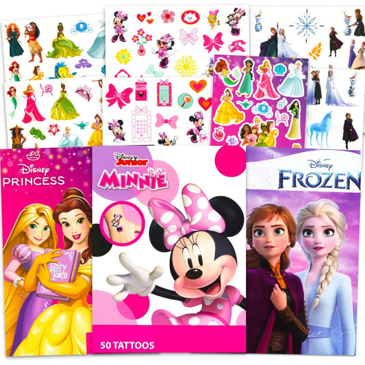 Disney Tattoo Party-Set für Mädchen – 150 temporäre Tattoos mit Minnie Mouse, Disney-Prinzessinnen und Frozen