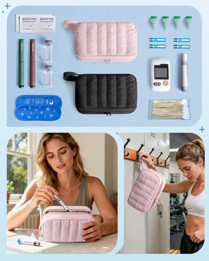 Marscamd Puffy Diabetes Reiseetui mit 2 Kühlpacks, Insulin Kühltasche mit mehreren Taschen, Rosa