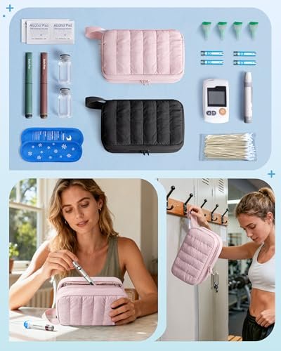 Marscamd Puffy Diabetes Reiseetui mit 2 Kühlpacks, Insulin Kühltasche mit mehreren Taschen, Rosa