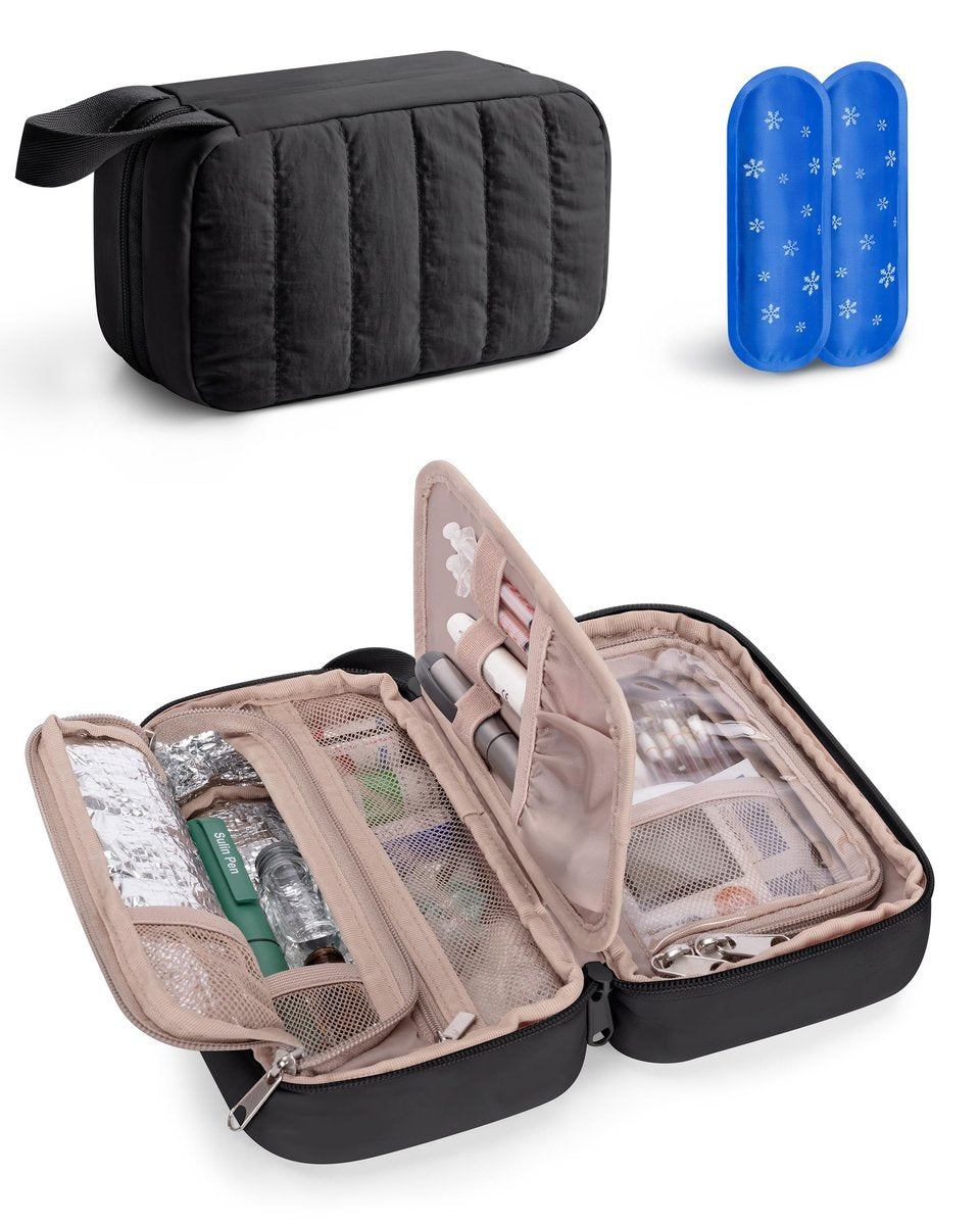 Marscamd Puffy Diabetes-Reiseetui mit 2 Kühlakkus, Insulin-Kühltasche mit mehreren Fächern, Schwarz