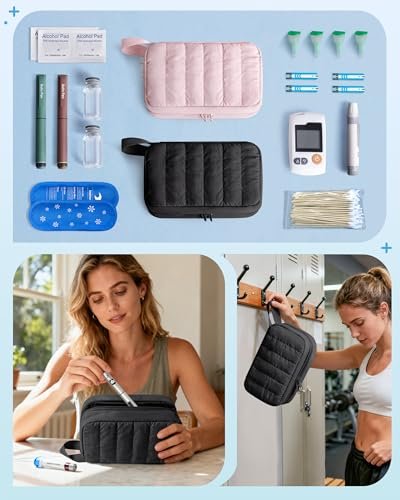 Marscamd Puffy Diabetes-Reiseetui mit 2 Kühlakkus, Insulin-Kühltasche mit mehreren Fächern, Schwarz