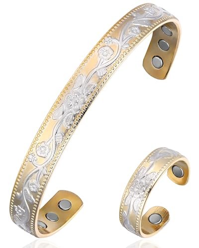 BioMag Kupferarmband & Ring für Frauen – 99,99% reines Kupfer, magnetisches Armband mit 3500 Gauss Magneten, verstellbar, Blumenmuster (Goldbasis mit Silber)