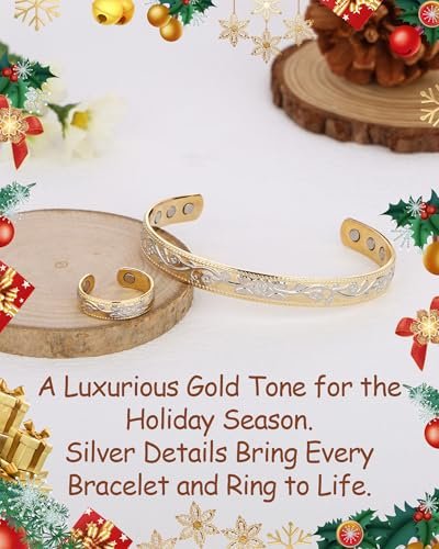 BioMag Kupferarmband & Ring für Frauen – 99,99% reines Kupfer, magnetisches Armband mit 3500 Gauss Magneten, verstellbar, Blumenmuster (Goldbasis mit Silber)