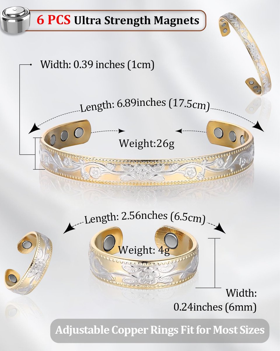BioMag Kupferarmband & Ring für Frauen – 99,99% reines Kupfer, magnetisches Armband mit 3500 Gauss Magneten, verstellbar, Blumenmuster (Goldbasis mit Silber)