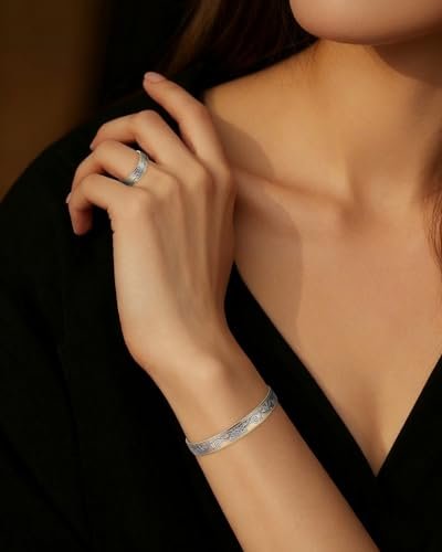 BioMag Kupferarmband & Ring für Frauen – 99,99% reines Kupfer, magnetisches Armband mit 3500 Gauss Magneten, verstellbar, Blumenmuster (Goldbasis mit Silber)