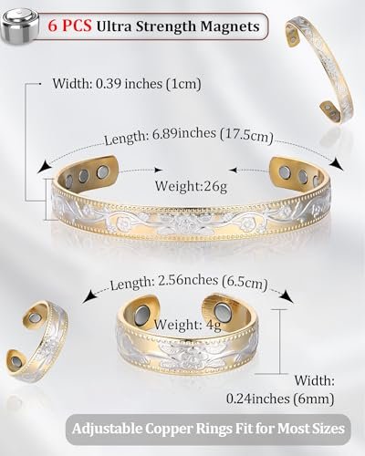 BioMag Kupferarmband & Ring für Frauen – 99,99% reines Kupfer, magnetisches Armband mit 3500 Gauss Magneten, verstellbar, Blumenmuster (Goldbasis mit Silber)