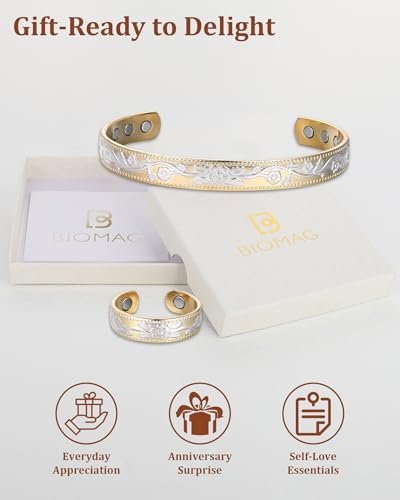 BioMag Kupferarmband & Ring für Frauen – 99,99% reines Kupfer, magnetisches Armband mit 3500 Gauss Magneten, verstellbar, Blumenmuster (Goldbasis mit Silber)