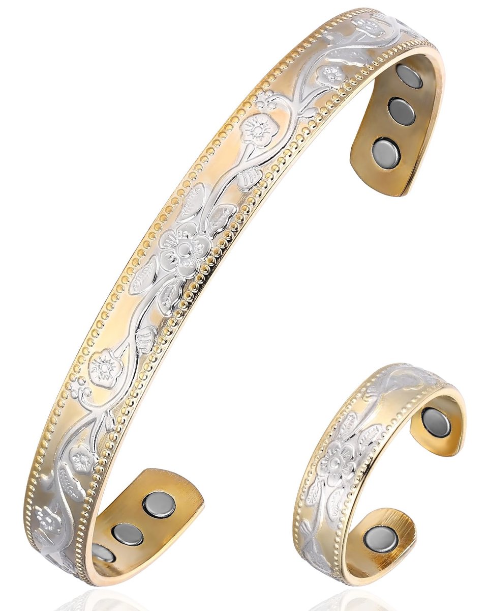 BioMag Kupferarmband & Ring für Frauen – 99,99% reines Kupfer, magnetisches Armband mit 3500 Gauss Magneten, verstellbar, Blumenmuster (Goldbasis mit Silber)