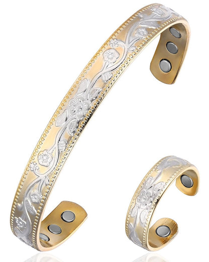 BioMag Kupferarmband & Ring für Frauen – 99,99% reines Kupfer, magnetisches Armband mit 3500 Gauss Magneten, verstellbar, Blumenmuster (Goldbasis mit Silber)