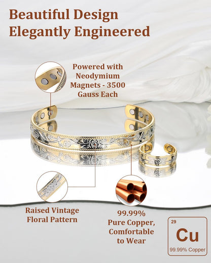 BioMag Kupferarmband & Ring für Frauen – 99,99% reines Kupfer, magnetisches Armband mit 3500 Gauss Magneten, verstellbar, Blumenmuster (Goldbasis mit Silber)