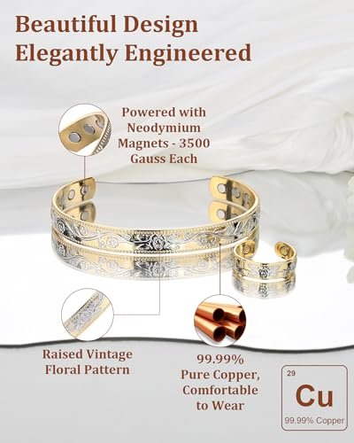BioMag Kupferarmband & Ring für Frauen – 99,99% reines Kupfer, magnetisches Armband mit 3500 Gauss Magneten, verstellbar, Blumenmuster (Goldbasis mit Silber)
