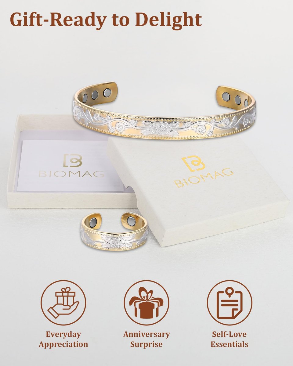 BioMag Kupferarmband & Ring für Frauen – 99,99% reines Kupfer, magnetisches Armband mit 3500 Gauss Magneten, verstellbar, Blumenmuster (Goldbasis mit Silber)