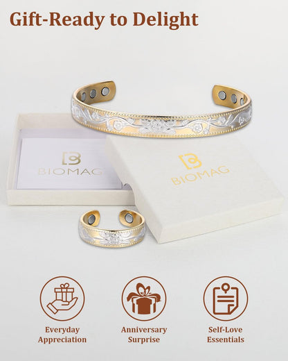 BioMag Kupferarmband & Ring für Frauen – 99,99% reines Kupfer, magnetisches Armband mit 3500 Gauss Magneten, verstellbar, Blumenmuster (Goldbasis mit Silber)