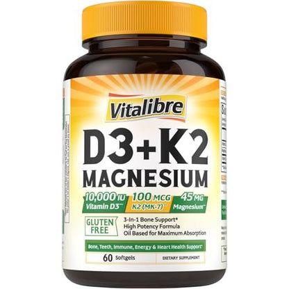 Vitalibre Vitamin D3 K2 + Magnesium Nahrungsergänzungsmittel, 10000 IE Vitamin D3 & 100 mcg K2, mit Magnesiumglycinat, für Knochen, Zähne, Immunsystem & Energie, hohe Bioverfügbarkeit, nicht-GVO, leicht zu schlucken, 60 Softgels