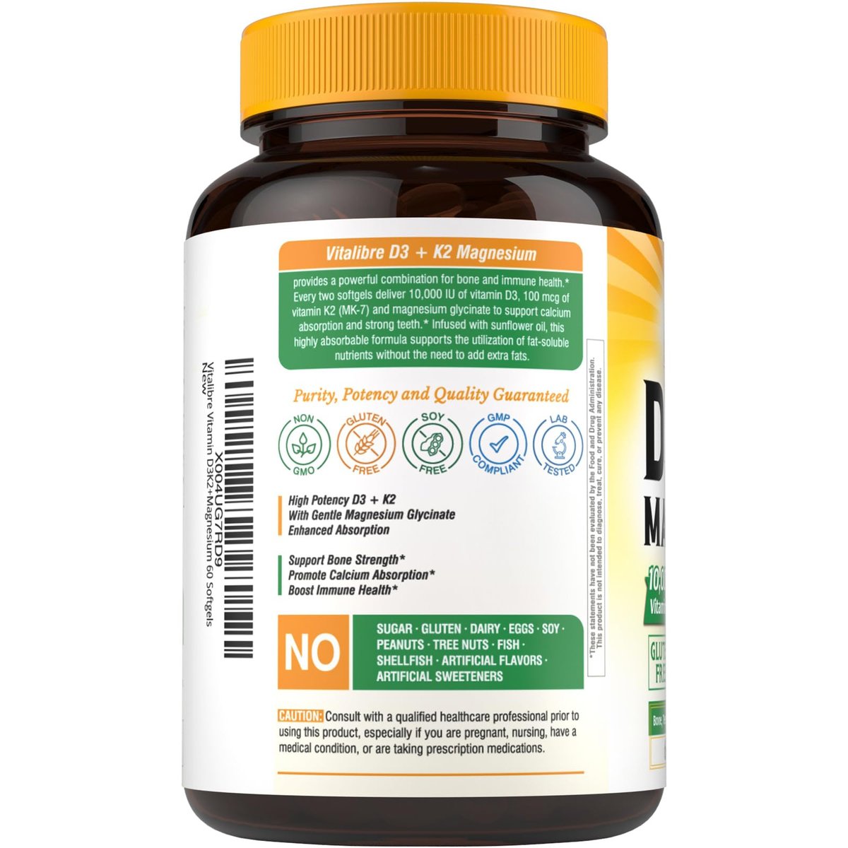 Vitalibre Vitamin D3 K2 + Magnesium Nahrungsergänzungsmittel, 10000 IE Vitamin D3 & 100 mcg K2, mit Magnesiumglycinat, für Knochen, Zähne, Immunsystem & Energie, hohe Bioverfügbarkeit, nicht-GVO, leicht zu schlucken, 60 Softgels