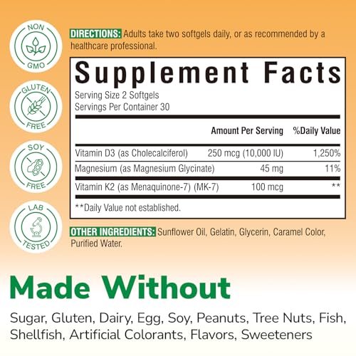 Vitalibre Vitamin D3 K2 + Magnesium Nahrungsergänzungsmittel, 10000 IE Vitamin D3 & 100 mcg K2, mit Magnesiumglycinat, für Knochen, Zähne, Immunsystem & Energie, hohe Bioverfügbarkeit, nicht-GVO, leicht zu schlucken, 60 Softgels