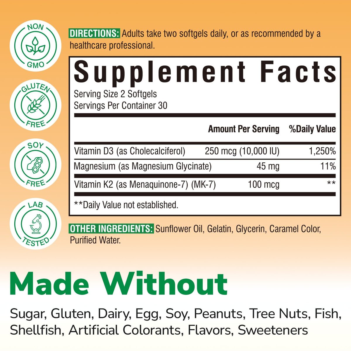Vitalibre Vitamin D3 K2 + Magnesium Nahrungsergänzungsmittel, 10000 IE Vitamin D3 & 100 mcg K2, mit Magnesiumglycinat, für Knochen, Zähne, Immunsystem & Energie, hohe Bioverfügbarkeit, nicht-GVO, leicht zu schlucken, 60 Softgels