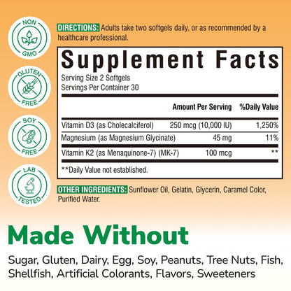 Vitalibre Vitamin D3 K2 + Magnesium Nahrungsergänzungsmittel, 10000 IE Vitamin D3 & 100 mcg K2, mit Magnesiumglycinat, für Knochen, Zähne, Immunsystem & Energie, hohe Bioverfügbarkeit, nicht-GVO, leicht zu schlucken, 60 Softgels