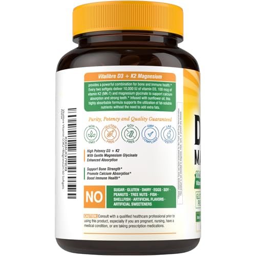 Vitalibre Vitamin D3 K2 + Magnesium Nahrungsergänzungsmittel, 10000 IE Vitamin D3 & 100 mcg K2, mit Magnesiumglycinat, für Knochen, Zähne, Immunsystem & Energie, hohe Bioverfügbarkeit, nicht-GVO, leicht zu schlucken, 60 Softgels