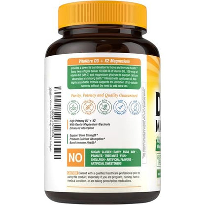 Vitalibre Vitamin D3 K2 + Magnesium Nahrungsergänzungsmittel, 10000 IE Vitamin D3 & 100 mcg K2, mit Magnesiumglycinat, für Knochen, Zähne, Immunsystem & Energie, hohe Bioverfügbarkeit, nicht-GVO, leicht zu schlucken, 60 Softgels