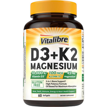 Vitalibre Vitamin D3 K2 + Magnesium Nahrungsergänzungsmittel, 10000 IE Vitamin D3 & 100 mcg K2, mit Magnesiumglycinat, für Knochen, Zähne, Immunsystem & Energie, hohe Bioverfügbarkeit, nicht-GVO, leicht zu schlucken, 60 Softgels