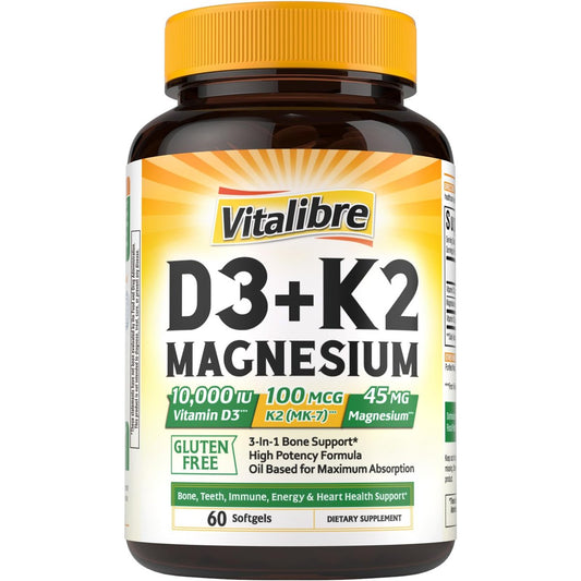 Vitalibre Vitamin D3 K2 + Magnesium Nahrungsergänzungsmittel, 10000 IE Vitamin D3 & 100 mcg K2, mit Magnesiumglycinat, für Knochen, Zähne, Immunsystem & Energie, hohe Bioverfügbarkeit, nicht-GVO, leicht zu schlucken, 60 Softgels
