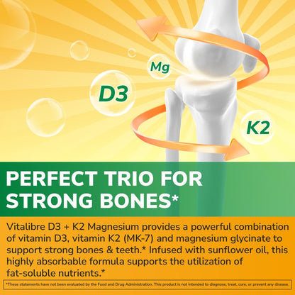 Vitalibre Vitamin D3 K2 + Magnesium Nahrungsergänzungsmittel, 10000 IE Vitamin D3 & 100 mcg K2, mit Magnesiumglycinat, für Knochen, Zähne, Immunsystem & Energie, hohe Bioverfügbarkeit, nicht-GVO, leicht zu schlucken, 60 Softgels