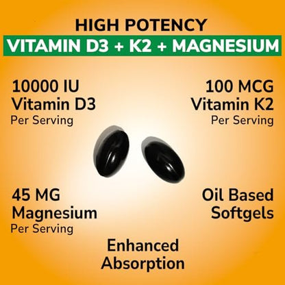 Vitalibre Vitamin D3 K2 + Magnesium Nahrungsergänzungsmittel, 10000 IE Vitamin D3 & 100 mcg K2, mit Magnesiumglycinat, für Knochen, Zähne, Immunsystem & Energie, hohe Bioverfügbarkeit, nicht-GVO, leicht zu schlucken, 60 Softgels