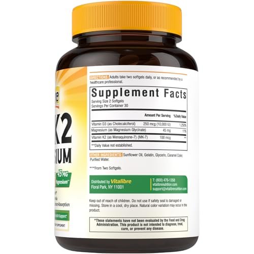 Vitalibre Vitamin D3 K2 + Magnesium Nahrungsergänzungsmittel, 10000 IE Vitamin D3 & 100 mcg K2, mit Magnesiumglycinat, für Knochen, Zähne, Immunsystem & Energie, hohe Bioverfügbarkeit, nicht-GVO, leicht zu schlucken, 60 Softgels