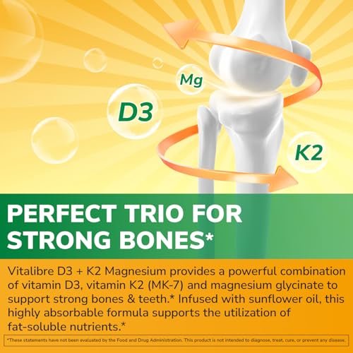 Vitalibre Vitamin D3 K2 + Magnesium Nahrungsergänzungsmittel, 10000 IE Vitamin D3 & 100 mcg K2, mit Magnesiumglycinat, für Knochen, Zähne, Immunsystem & Energie, hohe Bioverfügbarkeit, nicht-GVO, leicht zu schlucken, 60 Softgels