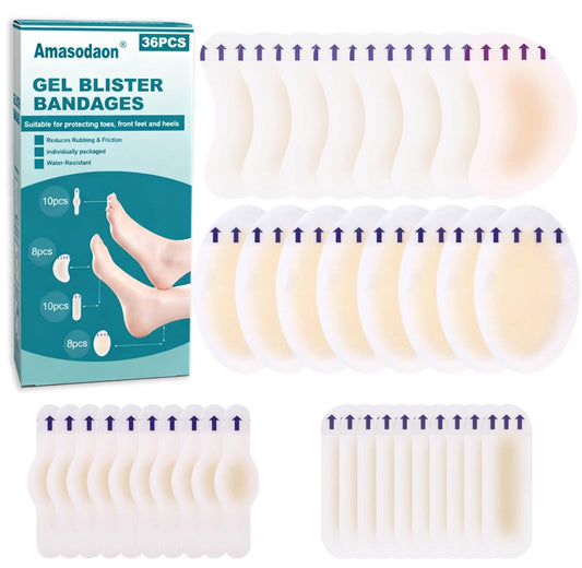 Amasodaon Fuß-Pflaster, Hydrokolloid-Gel Blasenpflaster für die Füße, wasserdichte Blasenpolster für Ferse, Zeh & Fuß, Vorbeugung & Heilung, Fuß-Anti-Reibungs-Schmerzlinderung (36 Stück)