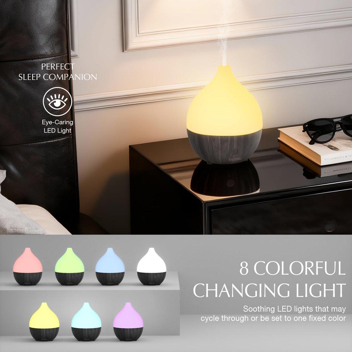 SALKING Aroma-Diffuser 100ml – Kleiner Ultraschall-Diffuser für ätherische Öle, Auto-Abschaltung, Kaltnebel-Luftbefeuchter mit warmweißem Licht, für Büro & Zuhause (Dunkle Holzmaserung)