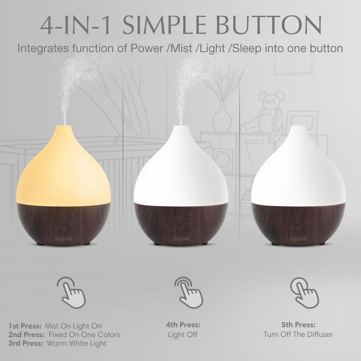 SALKING Aroma-Diffuser 100ml – Kleiner Ultraschall-Diffuser für ätherische Öle, Auto-Abschaltung, Kaltnebel-Luftbefeuchter mit warmweißem Licht, für Büro & Zuhause (Dunkle Holzmaserung)