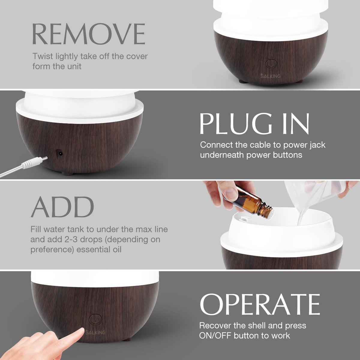 SALKING Aroma-Diffuser 100ml – Kleiner Ultraschall-Diffuser für ätherische Öle, Auto-Abschaltung, Kaltnebel-Luftbefeuchter mit warmweißem Licht, für Büro & Zuhause (Dunkle Holzmaserung)