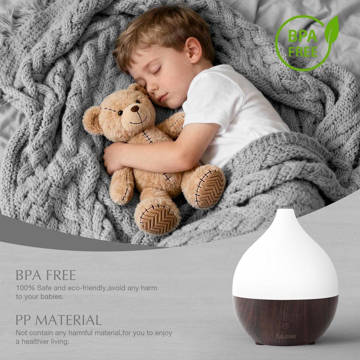 SALKING Aroma-Diffuser 100ml – Kleiner Ultraschall-Diffuser für ätherische Öle, Auto-Abschaltung, Kaltnebel-Luftbefeuchter mit warmweißem Licht, für Büro & Zuhause (Dunkle Holzmaserung)