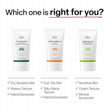 Dr. G R.E.D. Blemish Soothing Up Moisture Sonnencreme - Koreanische Sonnencreme ohne weißen Schimmer - Breitband-LSF für empfindliche Haut - Nicht fettend - Mit Hyaluron- und Azelainsäure - 50 ml