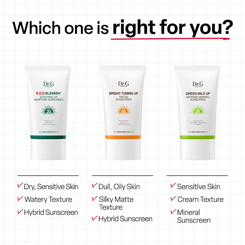 Dr. G R.E.D. Blemish Soothing Up Moisture Sonnencreme - Koreanische Sonnencreme ohne weißen Schimmer - Breitband-LSF für empfindliche Haut - Nicht fettend - Mit Hyaluron- und Azelainsäure - 50 ml