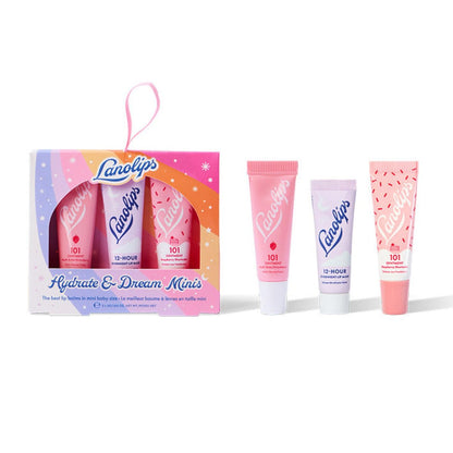 Lanolips Hydrate & Dream Minis Geschenkset - 101 Ointment Lippenbalsam in Strawberry & Raspberry Shortcake + 12-Stunden-Übernacht-Lippenmaske - Lanolin Hautpflegeset (3-teilig)