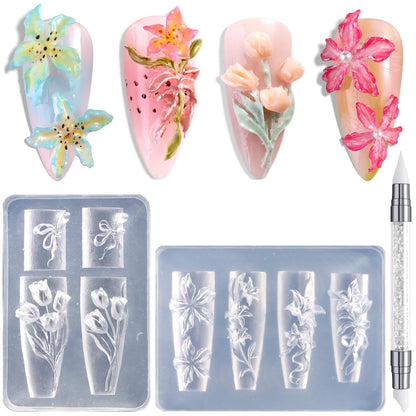 FSpronail Silikon-Nagelkunstformen, 2 Stück wiederverwendbare klare 3D-Blumen-Nagelcharmformen mit Gravurstift Tulpenstrauß Lilie Hibiskus Blumen-Nageldesign Maniküre-Vorlage DIY Charms Harzzubehör