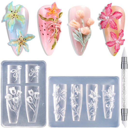 FSpronail Silikon-Nagelkunstformen, 2 Stück wiederverwendbare klare 3D-Blumen-Nagelcharmformen mit Gravurstift Tulpenstrauß Lilie Hibiskus Blumen-Nageldesign Maniküre-Vorlage DIY Charms Harzzubehör