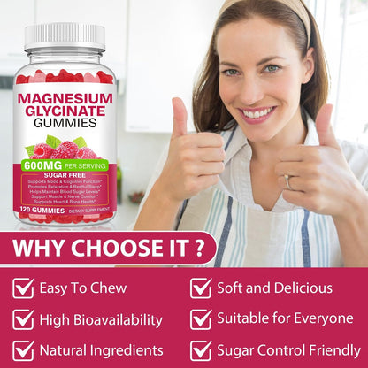 Magnesium Glycinat Gummies 120 Stück – Zuckerfreies Magnesiumpräparat für Schlaf, Gedächtnis, Stimmung, Muskeln, Entspannung, Herz- & Knochengesundheit