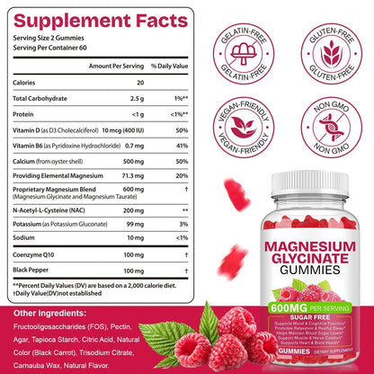 Magnesium Glycinat Gummies 120 Stück – Zuckerfreies Magnesiumpräparat für Schlaf, Gedächtnis, Stimmung, Muskeln, Entspannung, Herz- & Knochengesundheit
