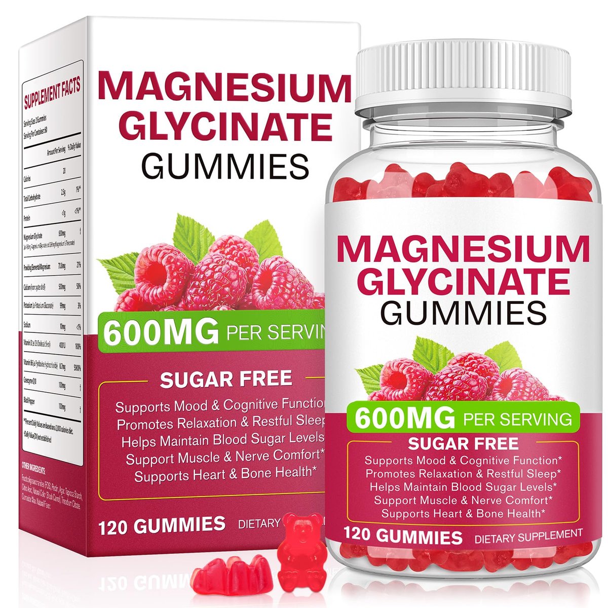 Magnesium Glycinat Gummies 120 Stück – Zuckerfreies Magnesiumpräparat für Schlaf, Gedächtnis, Stimmung, Muskeln, Entspannung, Herz- & Knochengesundheit