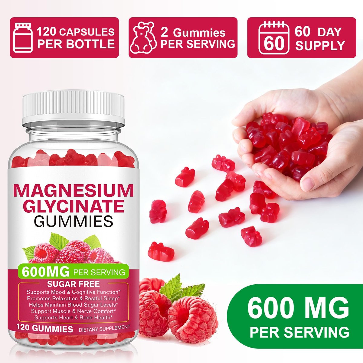 Magnesium Glycinat Gummies 120 Stück – Zuckerfreies Magnesiumpräparat für Schlaf, Gedächtnis, Stimmung, Muskeln, Entspannung, Herz- & Knochengesundheit