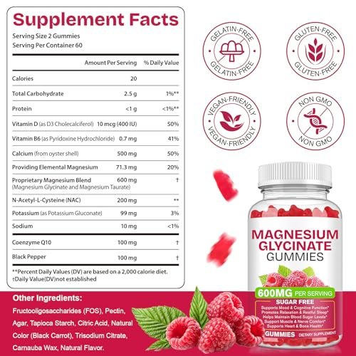 Magnesium Glycinat Gummies 120 Stück – Zuckerfreies Magnesiumpräparat für Schlaf, Gedächtnis, Stimmung, Muskeln, Entspannung, Herz- & Knochengesundheit