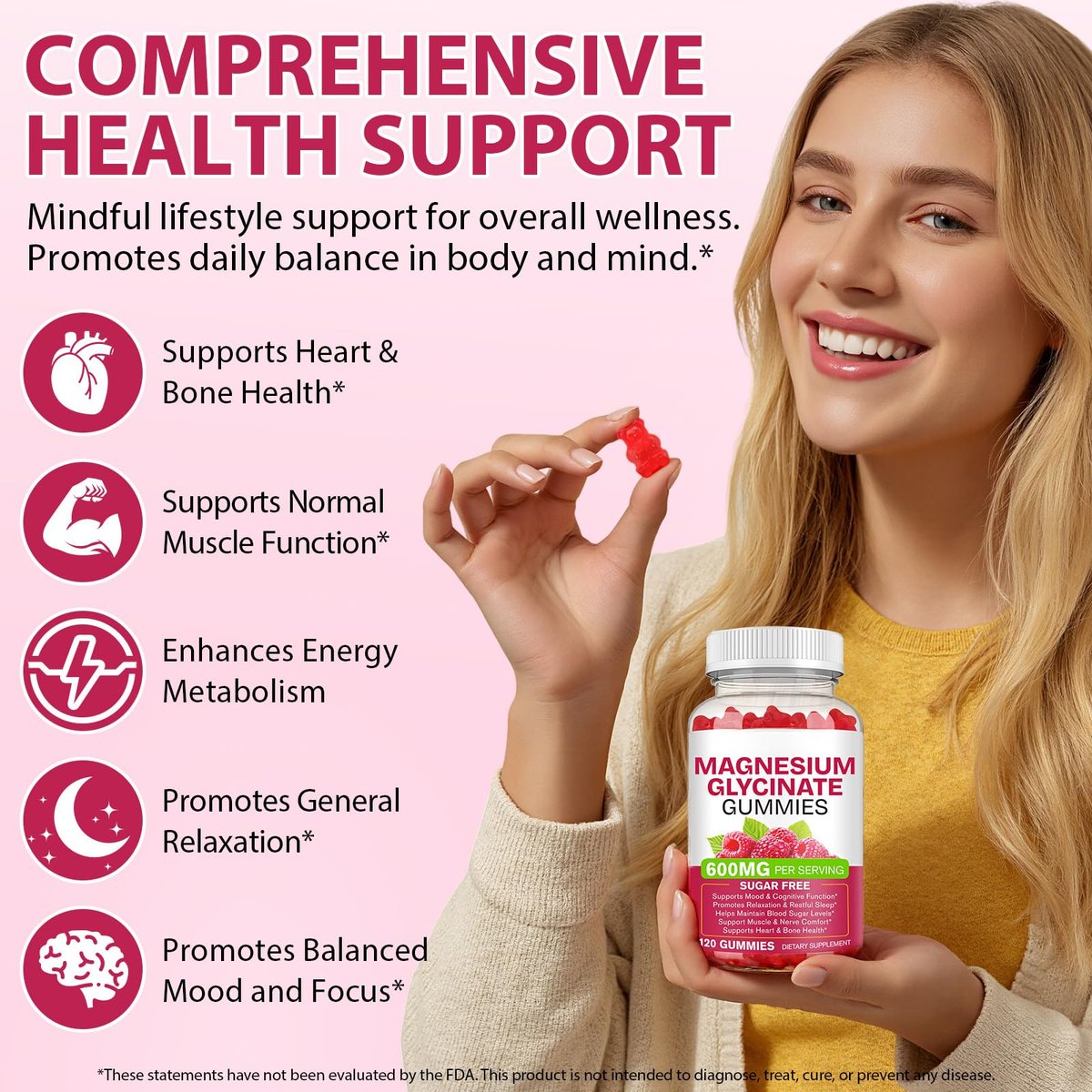 Magnesium Glycinat Gummies 120 Stück – Zuckerfreies Magnesiumpräparat für Schlaf, Gedächtnis, Stimmung, Muskeln, Entspannung, Herz- & Knochengesundheit