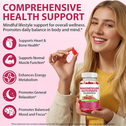 Magnesium Glycinat Gummies 120 Stück – Zuckerfreies Magnesiumpräparat für Schlaf, Gedächtnis, Stimmung, Muskeln, Entspannung, Herz- & Knochengesundheit